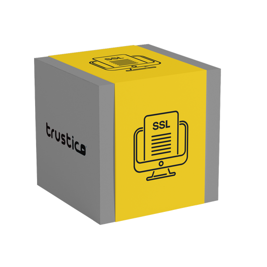 A gray cube with yellow faces shows a monitor displaying an SSL Certificate and the word trustico, representing online security solutions like Sectigo® DV + Multi Domain from Sectigo CA for securing multiple domains.