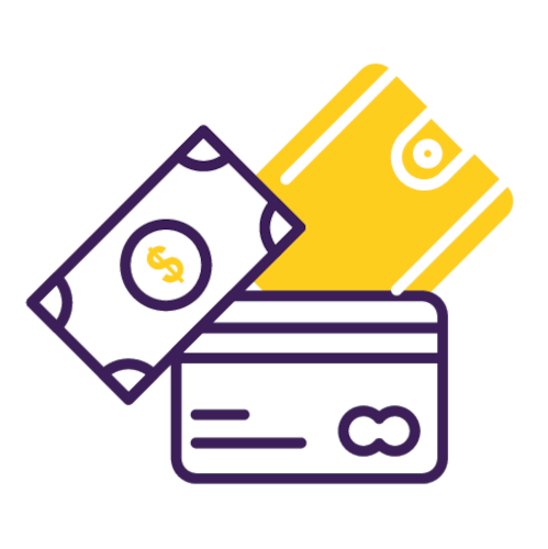 A stylized illustration of a yellow wallet, dollar banknote, and credit card represents Trustico® Prepaid Credit by Trustico® Online Security, emphasizing payment management and secure online security purchases.