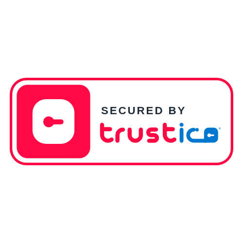 A security badge featuring a red icon on the left and the text “Secured by Trustico CA” on the right—Trustico CA is displayed in red and blue stylized letters, symbolizing robust protection provided by Trustico® DV + Wildcard + Multi Domain SSL Certificate technology.