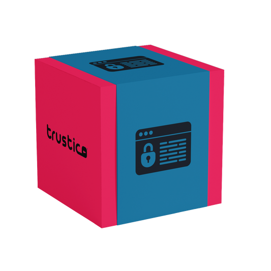A blue and pink cube featuring a web browser icon with a padlock on one face, and the word trustico in lowercase black letters on another face, symbolizing online security.