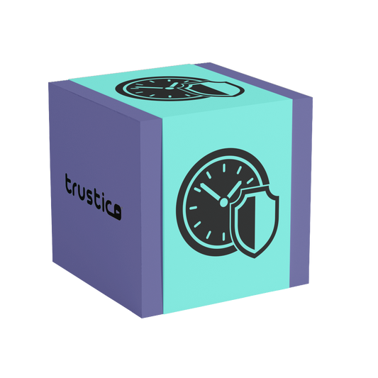 A blue and purple cube featuring a clock and shield symbol on one face and the word “Trustico” on another, set against a plain background, subtly represents the robust security provided by Trustico CA’s Trustico® DV + Wildcard + Multi Domain SSL Certificate.