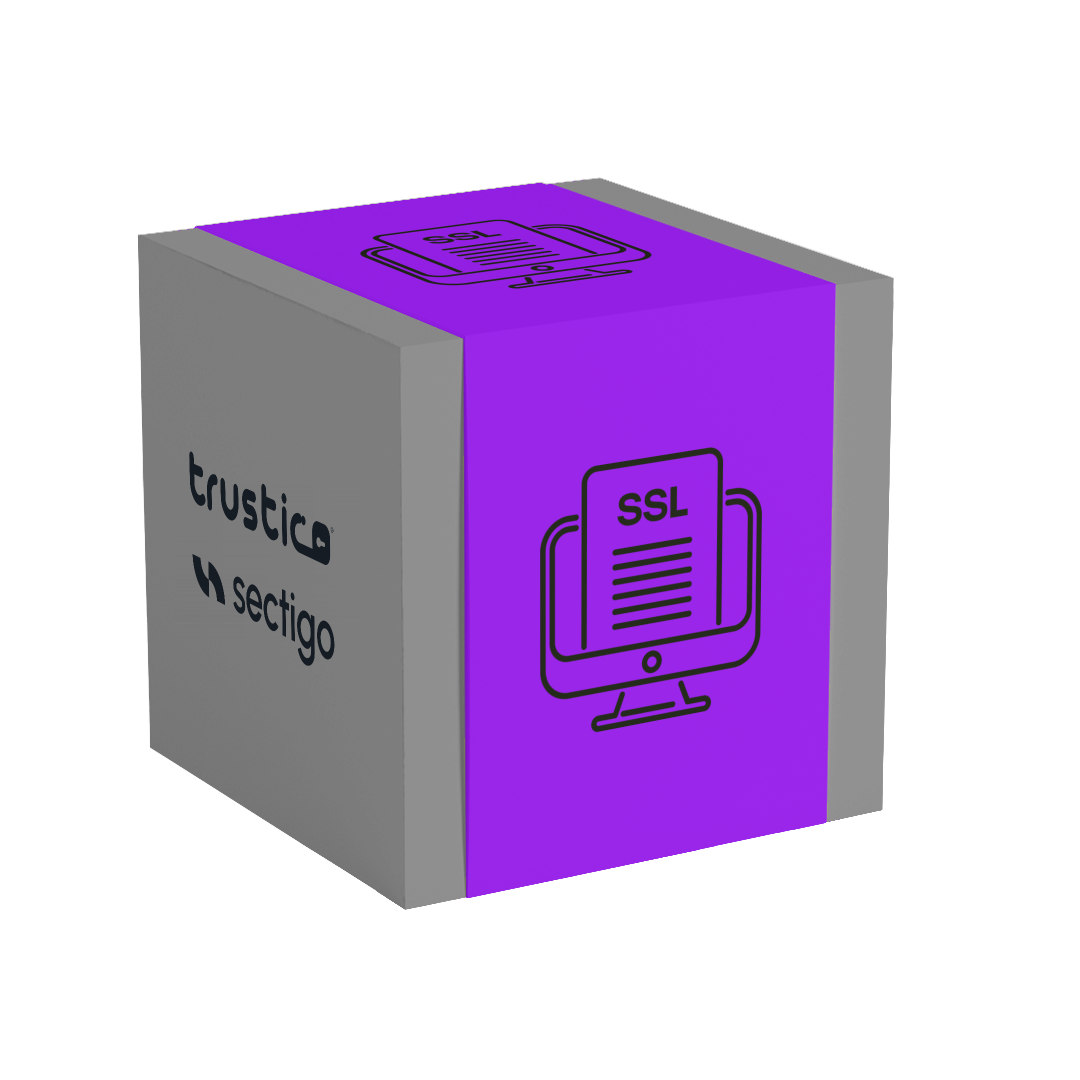 A gray and purple cube featuring the Sectigo® CA logo and a computer screen icon displaying an SSL certificate represents the PositiveSSL DV + Multi Domain - Additional SAN product, highlighting secure multi-domain protection via Subject Alternative Name (SAN) support.